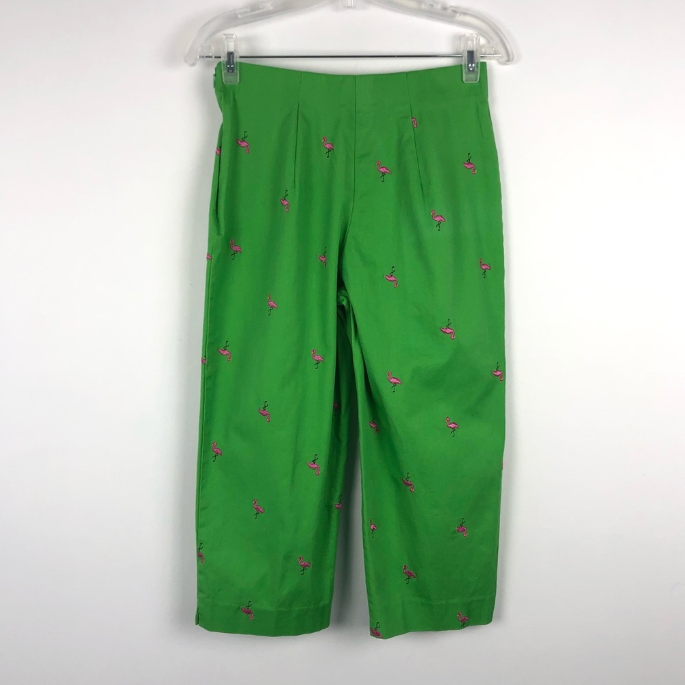 Briggs Pink Flamingo Embroidered Green Capri Pants - Picture 7 of 13